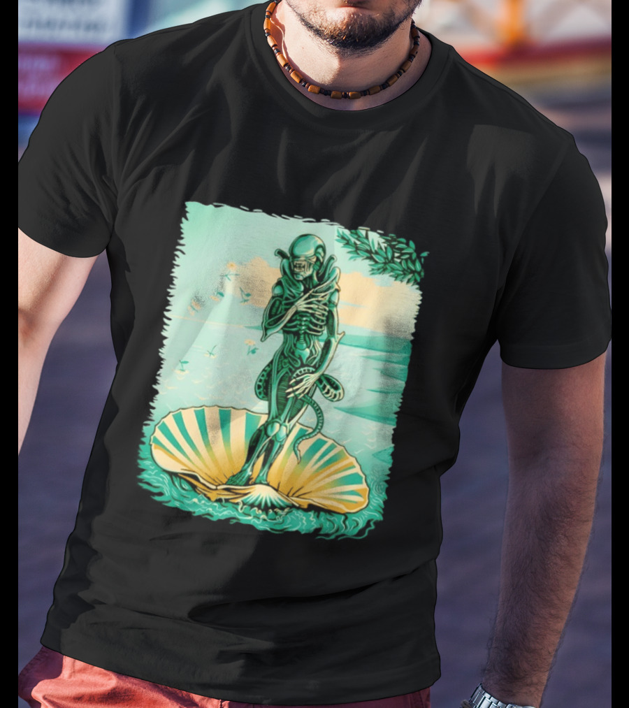 Alien Seated On Seashell The Birth Of Alienus Fusion Renaissance T-Shirt
