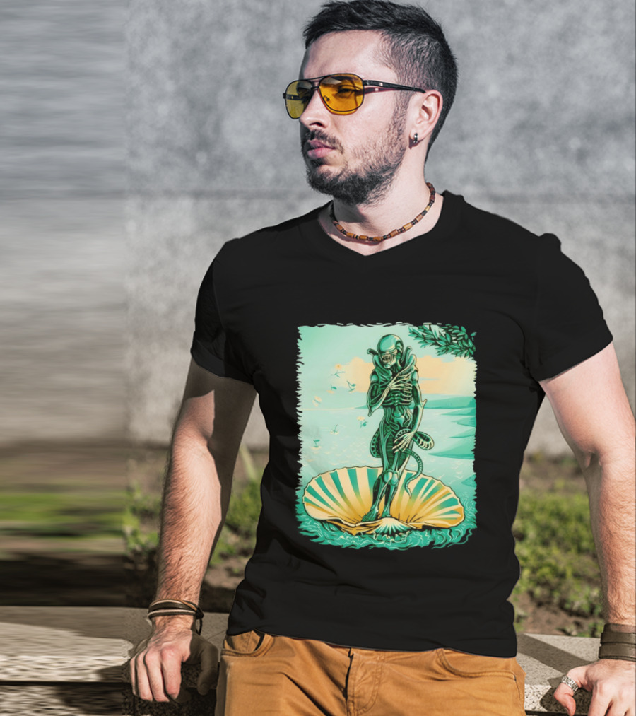 Alien Seated On Seashell The Birth Of Alienus Fusion Renaissance T-Shirt