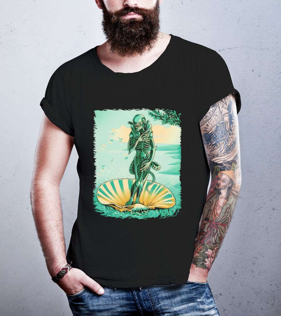Alien Seated On Seashell The Birth Of Alienus Fusion Renaissance T-Shirt