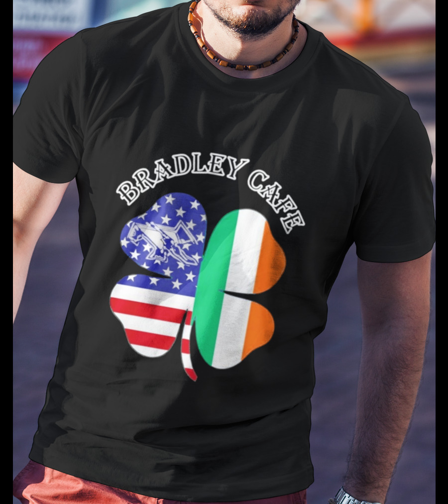 Bradley Cafe Providence RI Est 1937 Four Leaf Clover American Irish Flag T-Shirt