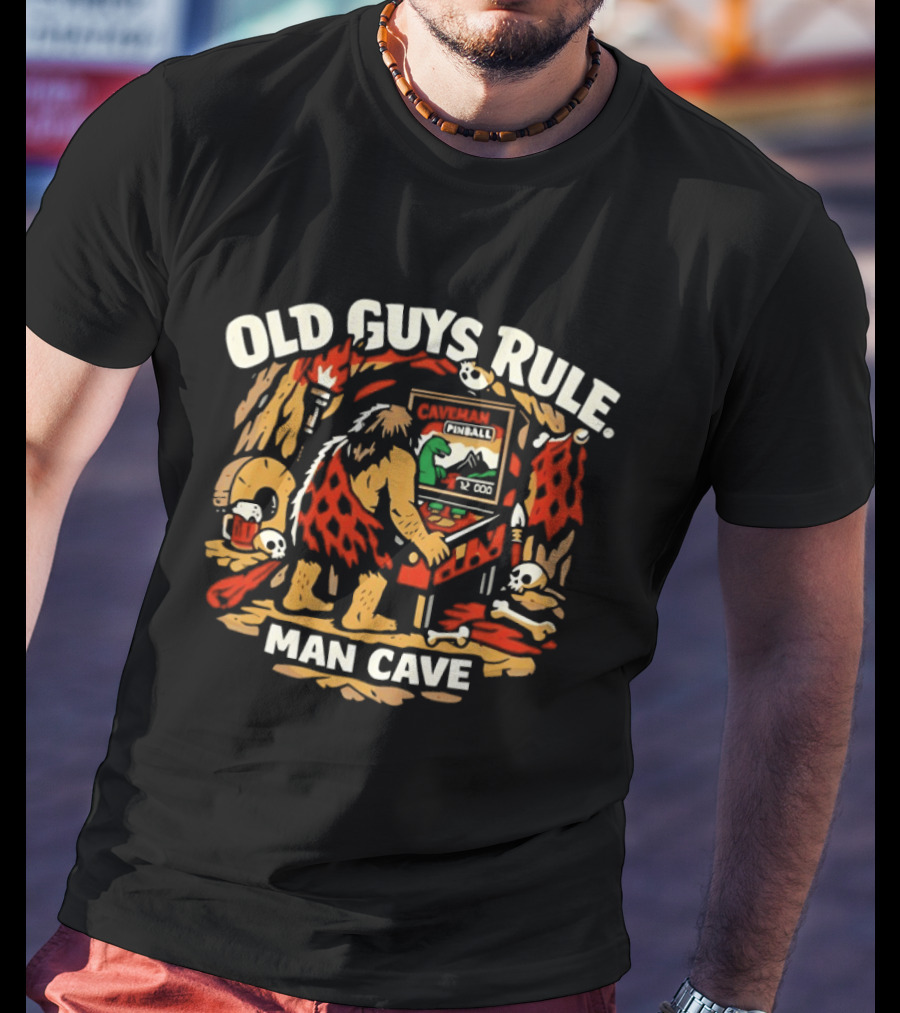 Old Guys Rule Man Cave Caveman Pinball Vintage Humor T-Shirt