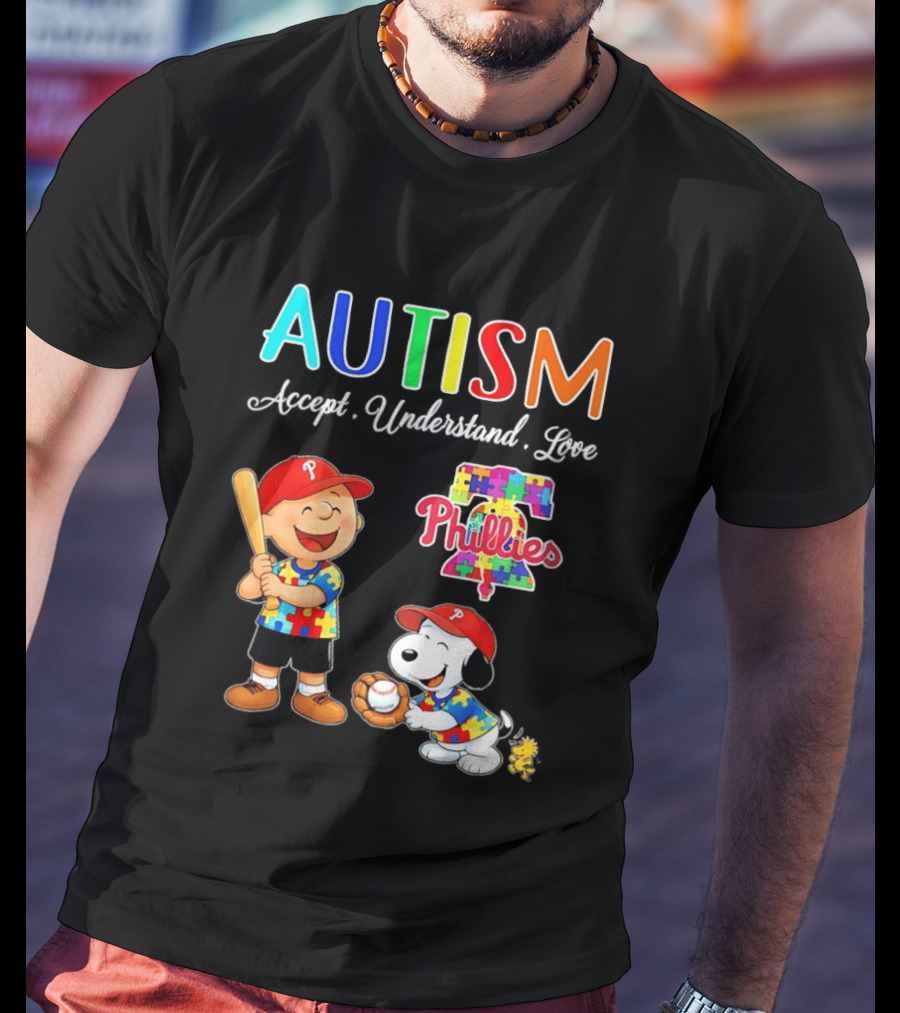 Charlie Brown Snoopy Philadelphia Phillies Autism Awareness Puzzle Piece Accept Understand Love T-Shirt