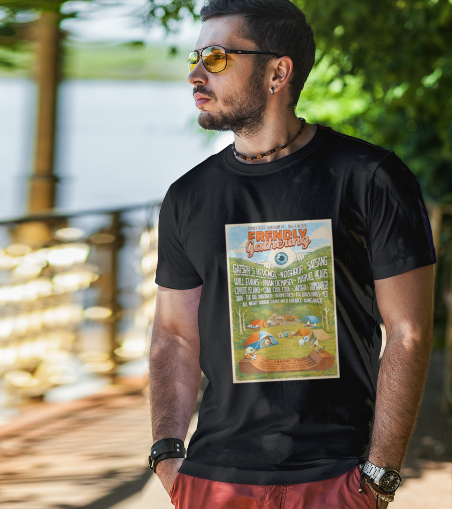 Frendly Gathering Timber Ridge Windham VT July 17 18 2026 Featuring Virtual Reality Gatsby's Revenge Neighbor Satsang T-Shirt