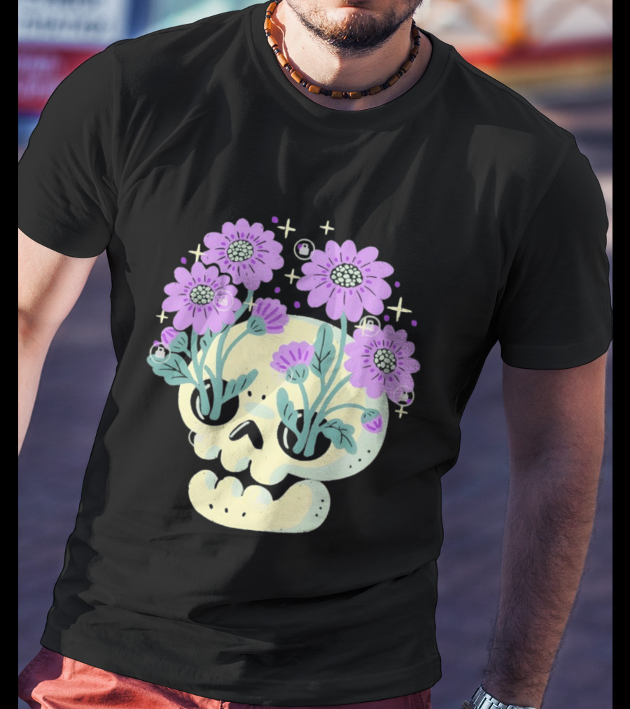 Skull With Purple Flowers And Stars Aesthetic T-Shirt