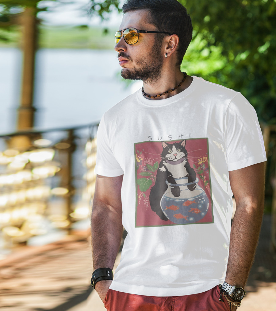 Sushi Cat Holding Fishbowl With Goldfish And Flowers T-Shirt