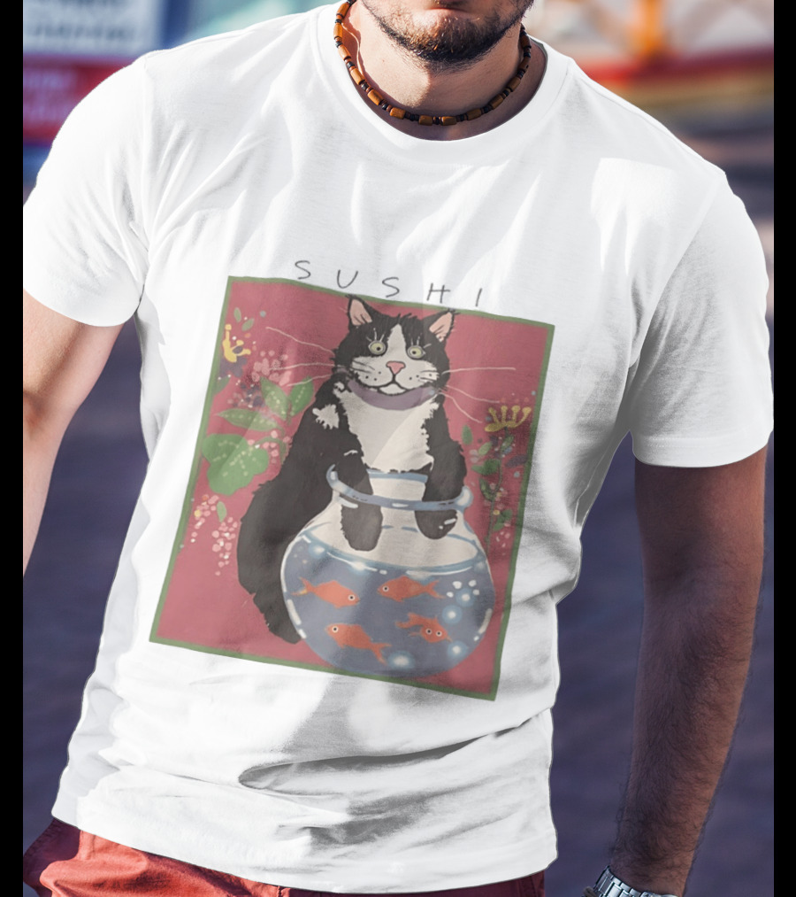 Sushi Cat Holding Fishbowl With Goldfish And Flowers T-Shirt