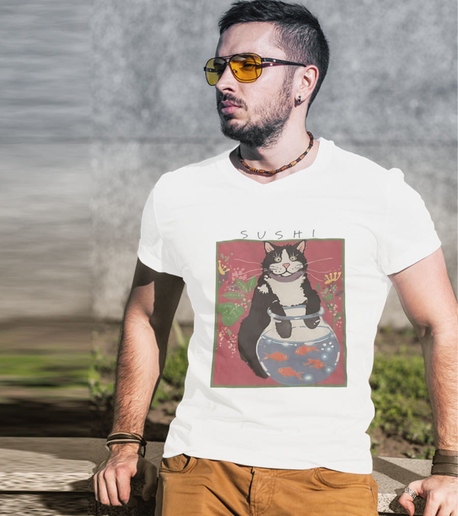 Sushi Cat Holding Fishbowl With Goldfish And Flowers T-Shirt