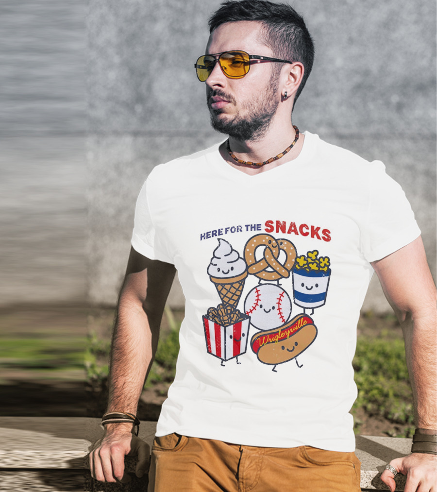 Here For The Snacks Wrigleyville Baseball Ice Cream Popcorn Hotdog Pretzel T-Shirt
