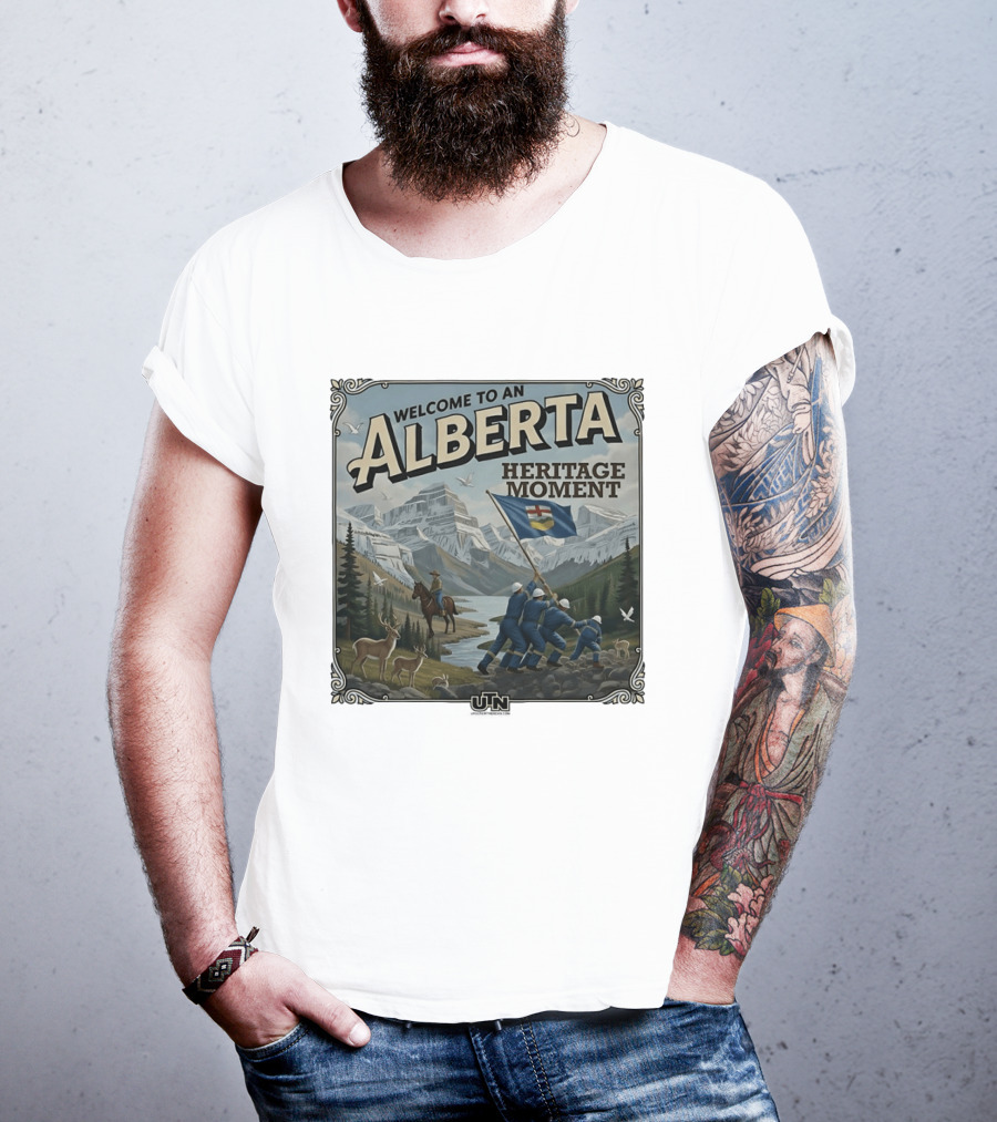 Welcome To An Alberta Heritage Moment Iwo Jima Inspired Rockies Scene T-Shirt
