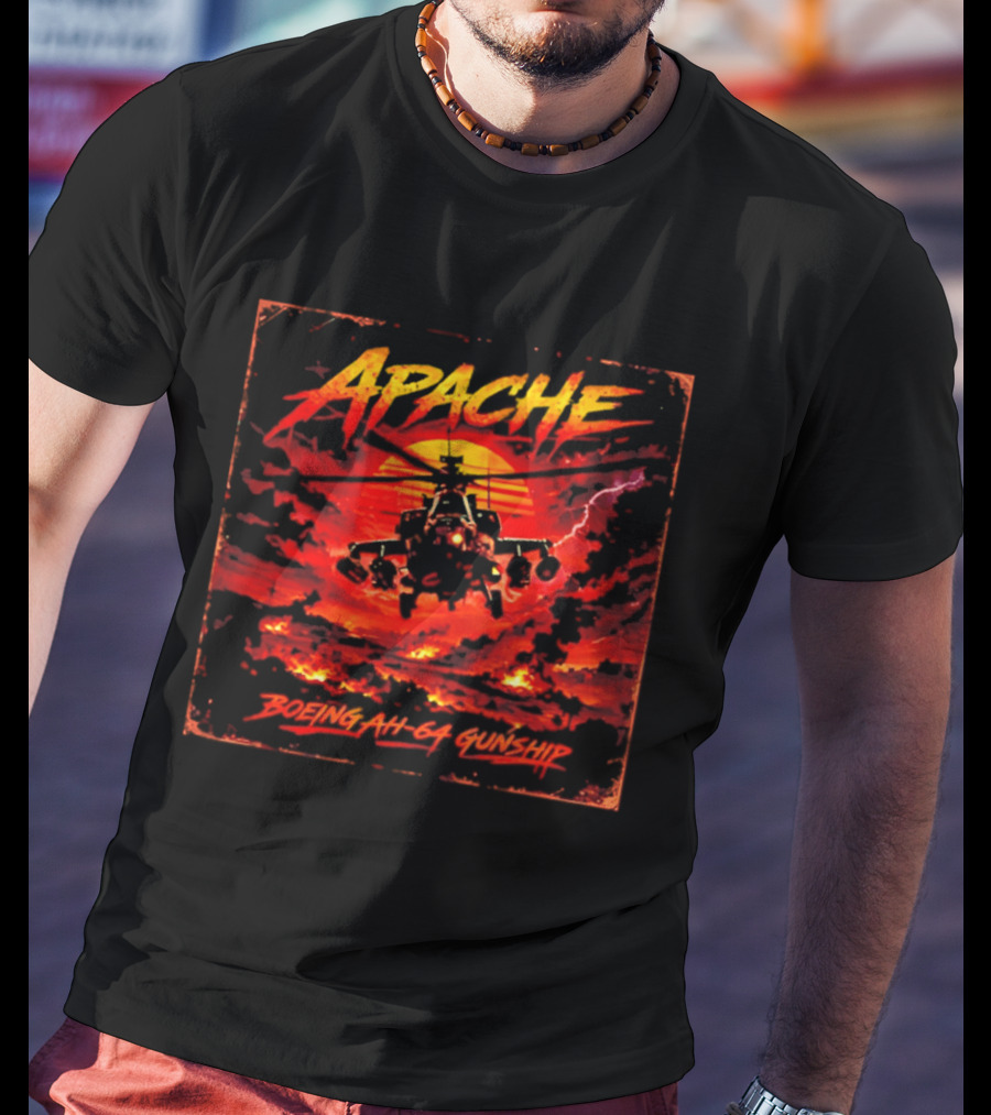 Apache Boeing AH 64 Gunship Sunset Storm Scene T-Shirt
