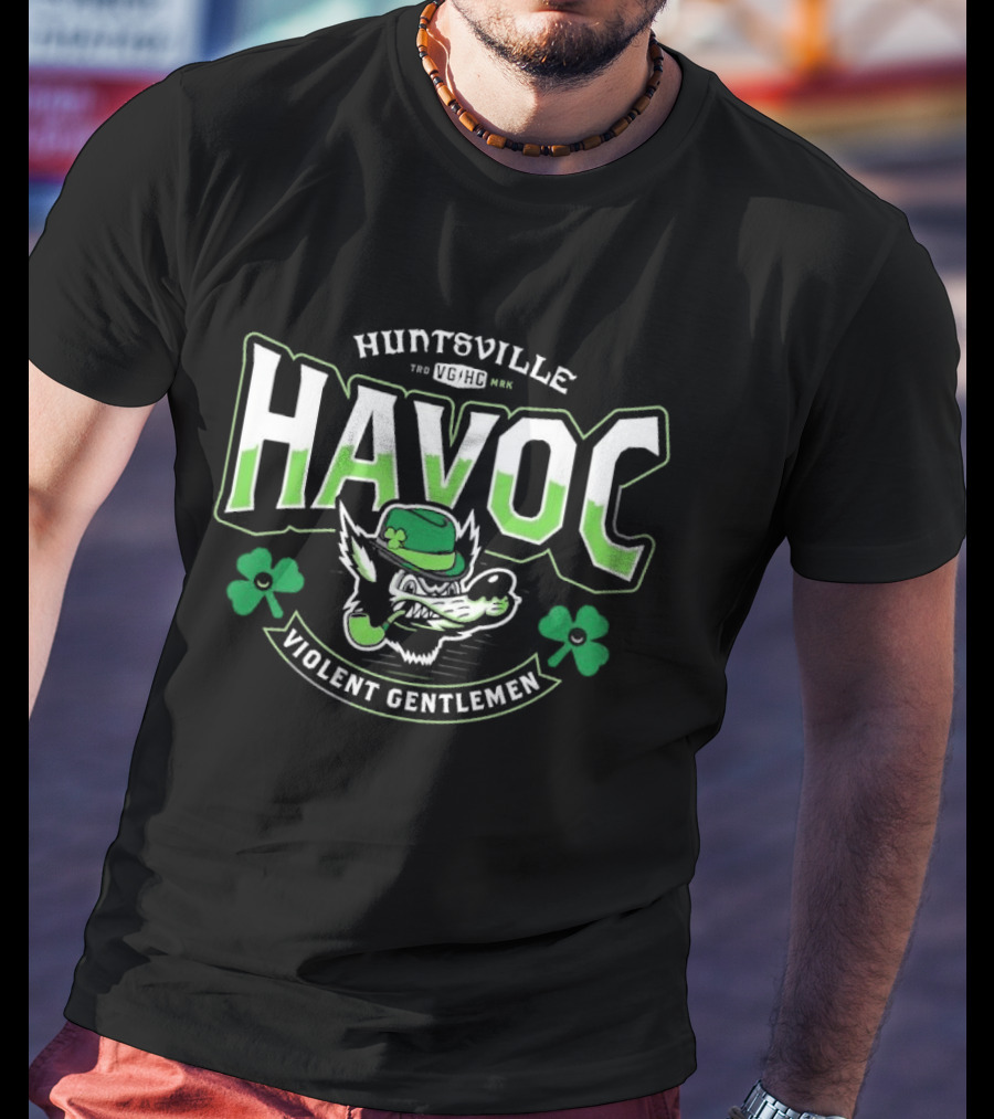Huntsville Havoc Violent Gentlemen St. Patrick's Day Shamrock Clover Bulldog T-Shirt