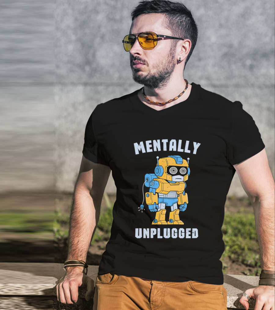 Mentally Unplugged Robot Humor Blue And Yellow T-Shirt