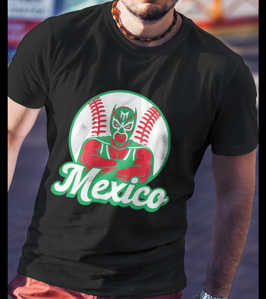 Mexico Luchador Baseball Mask Icon With Arms Crossed In Front Of Baseball Stitch T-Shirt