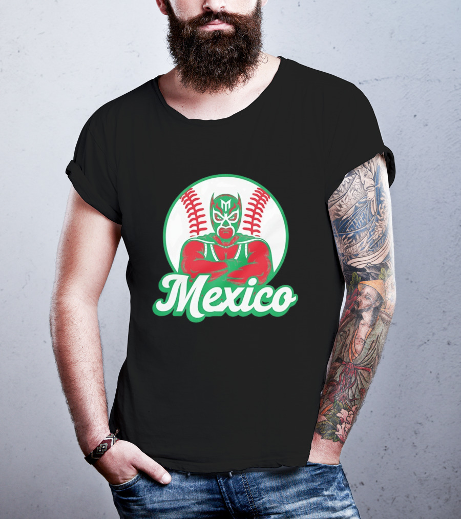 Mexico Luchador Baseball Mask Icon With Arms Crossed In Front Of Baseball Stitch T-Shirt