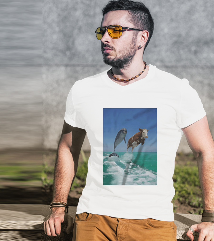 Cow And Dolphin Jumping Out Of Water Ocean Adventure T-Shirt