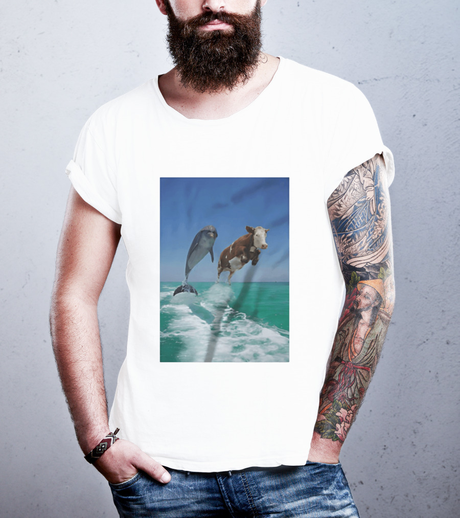 Cow And Dolphin Jumping Out Of Water Ocean Adventure T-Shirt