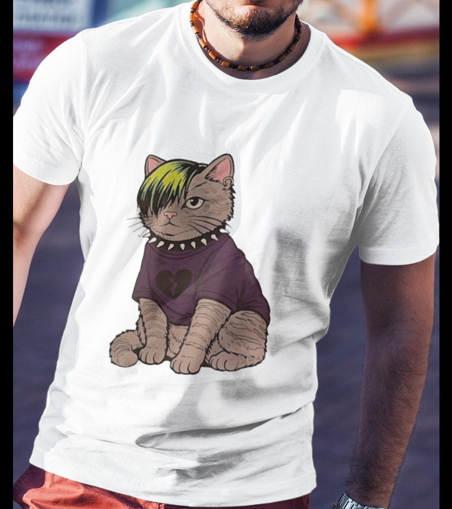 Emo Scene Cat With Heart Break Symbol And Spiked Collar T-Shirt