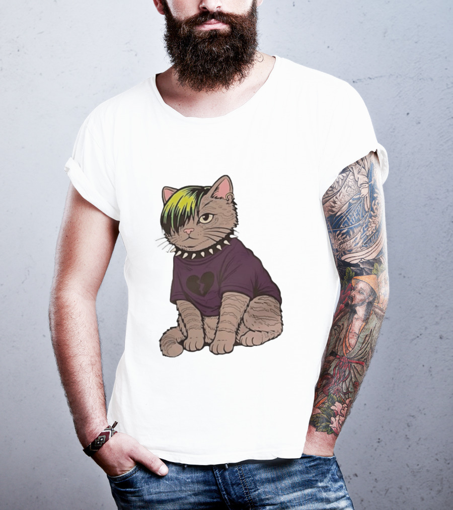 Emo Scene Cat With Heart Break Symbol And Spiked Collar T-Shirt