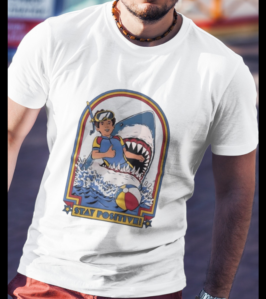 Stay Positive Scuba Boy In Great White Shark Mouth With Beach Ball T-Shirt