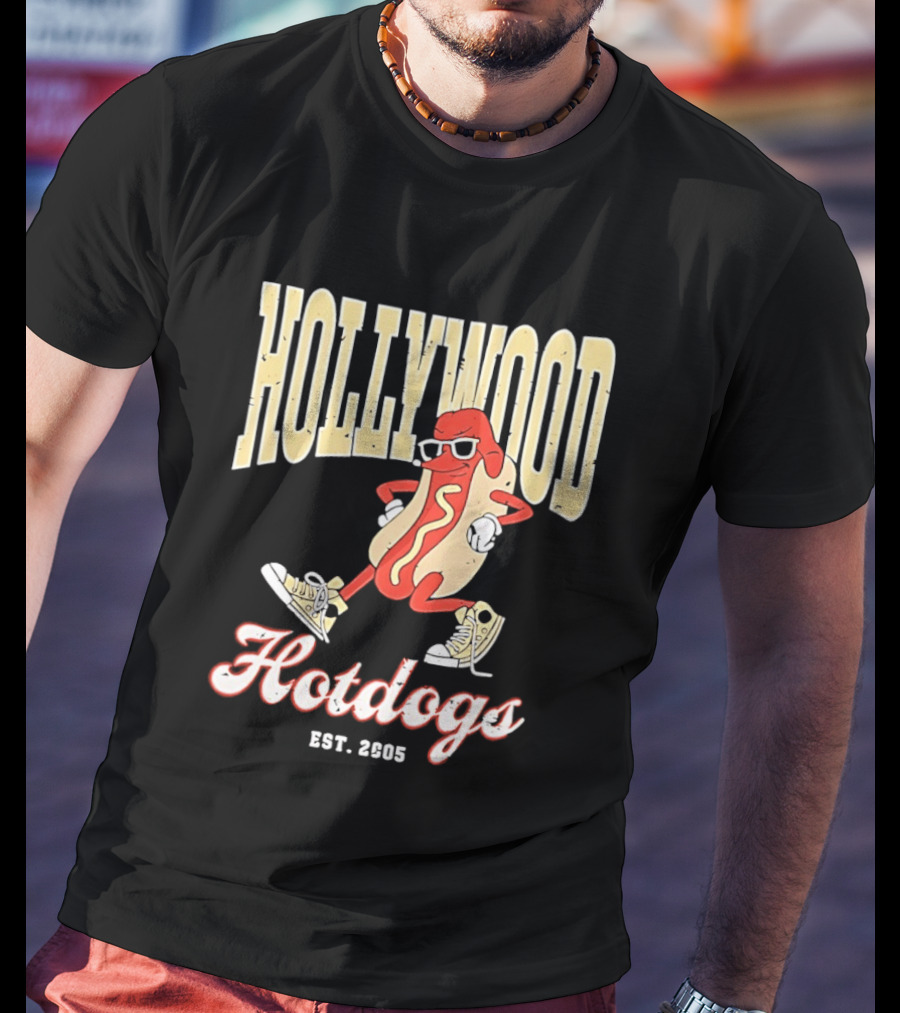 Hollywood Hotdogs Cool Mustard Character With Sunglasses Est 2005 T-Shirt
