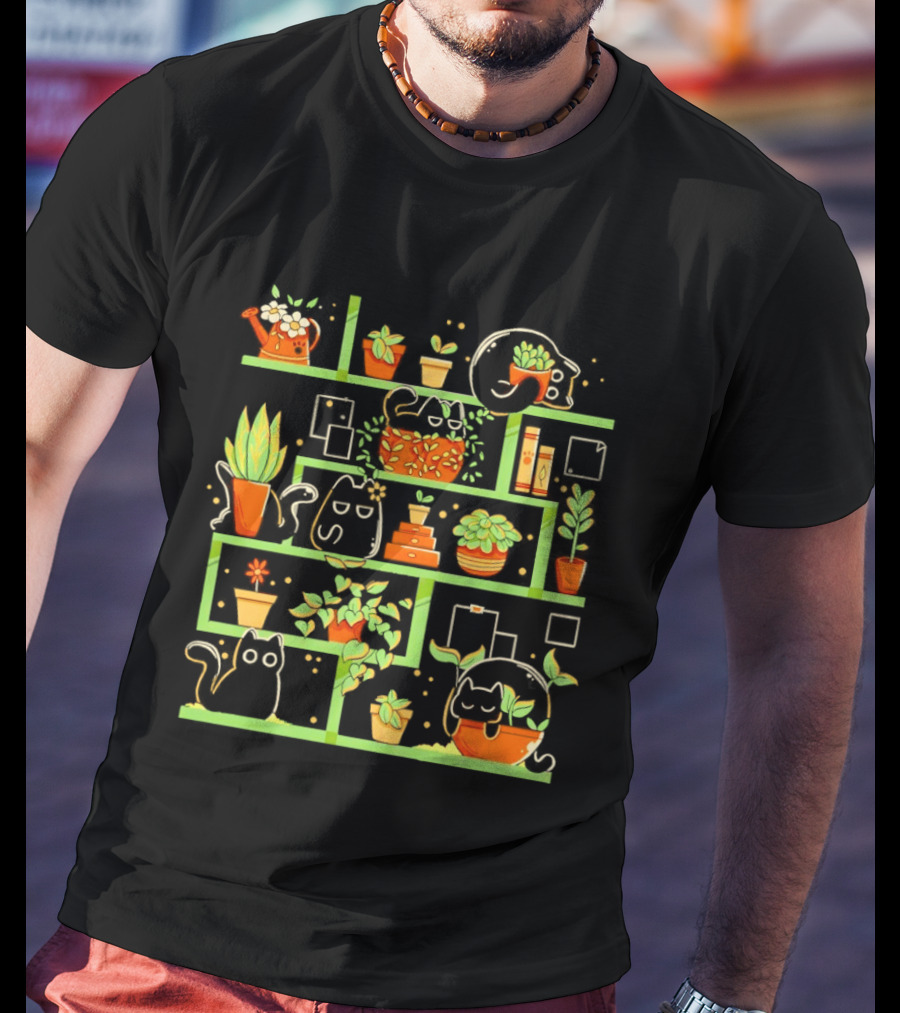 Kitten Garden Shelving With Plants And Teapots T-Shirt