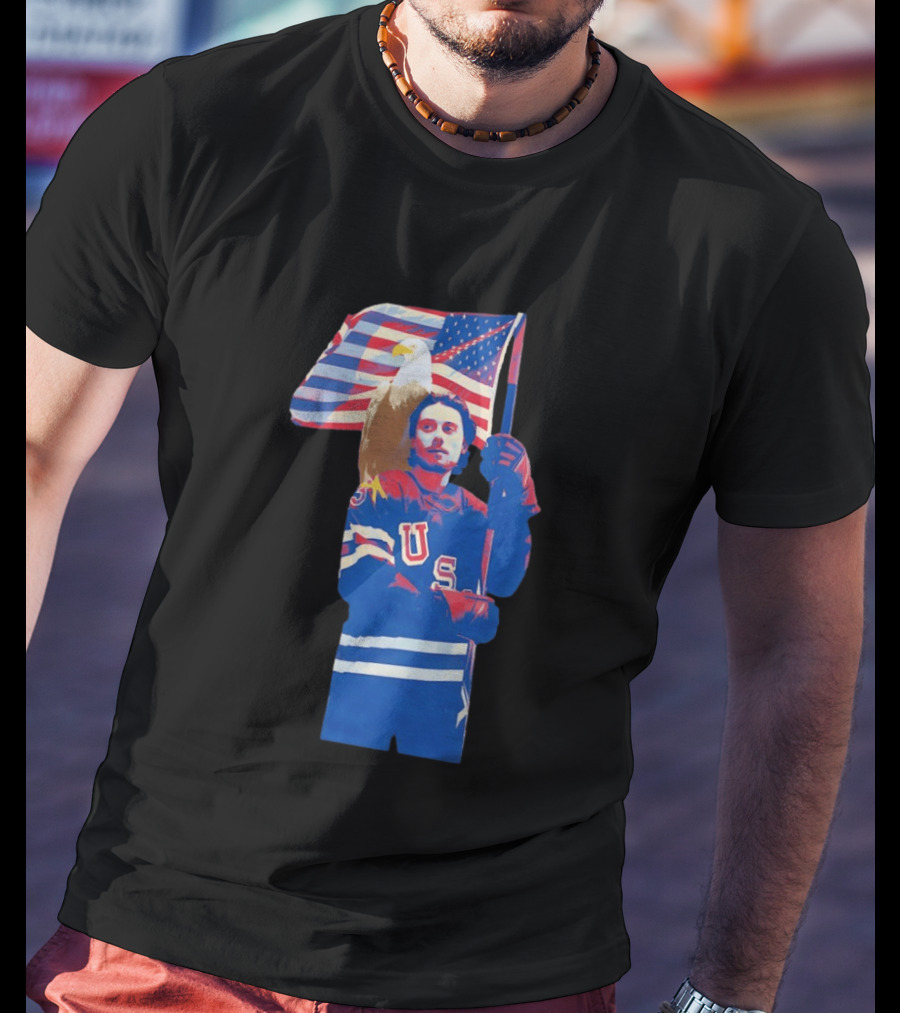 USA Hockey Jack Hughes American Flag Bald Eagle T-Shirt