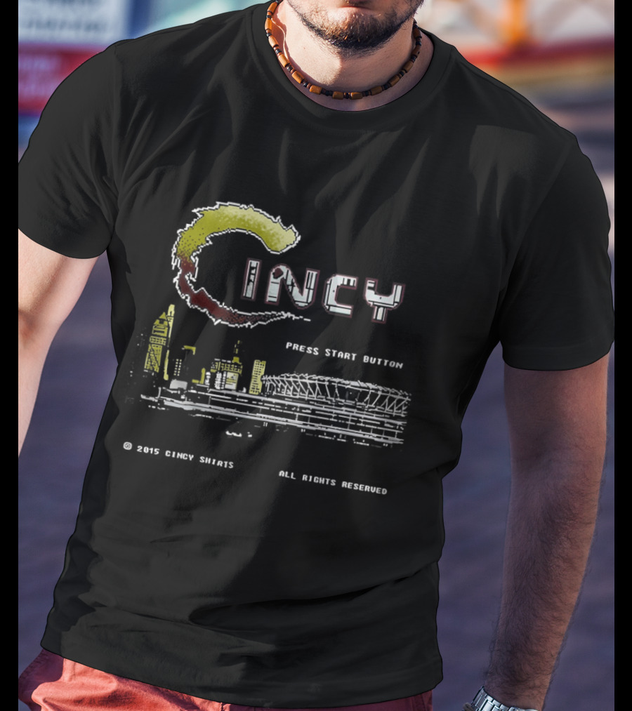 Cincy Press Start Button Pixel Game Cincinnati Reds Skyline T-Shirt