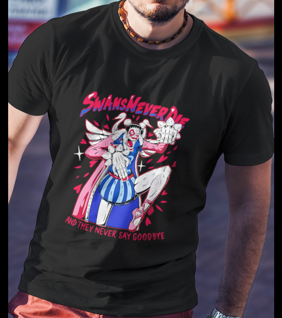 Swans Never Die And They Never Say Goodbye Winged Character Blue Striped Outfit T-Shirt