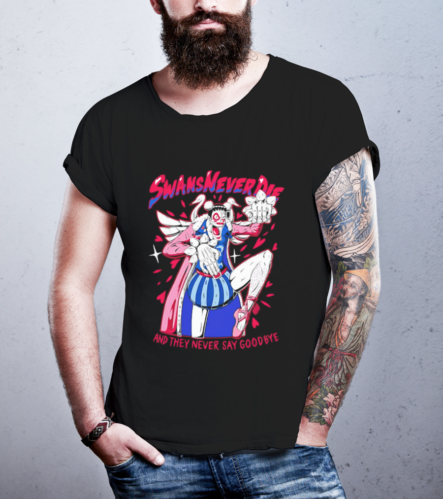 Swans Never Die And They Never Say Goodbye Winged Character Blue Striped Outfit T-Shirt