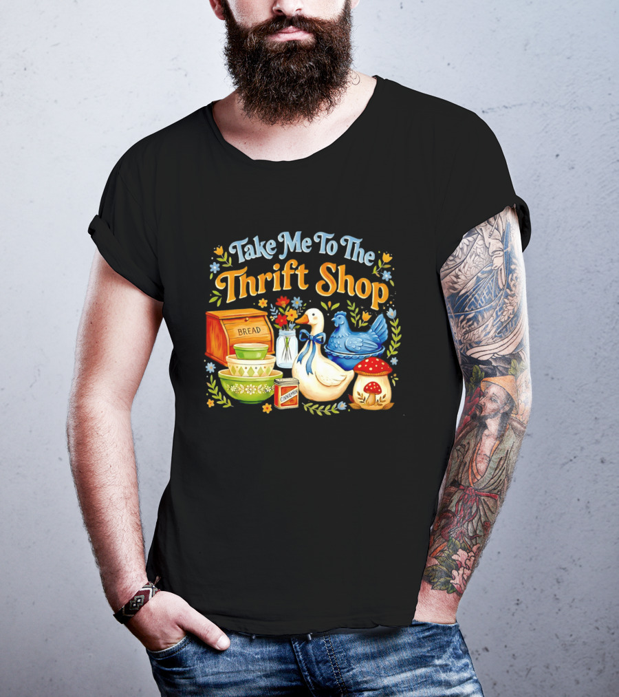 Take Me To The Thrift Shop Vintage Duck Design With Bread And Mushroom T-Shirt
