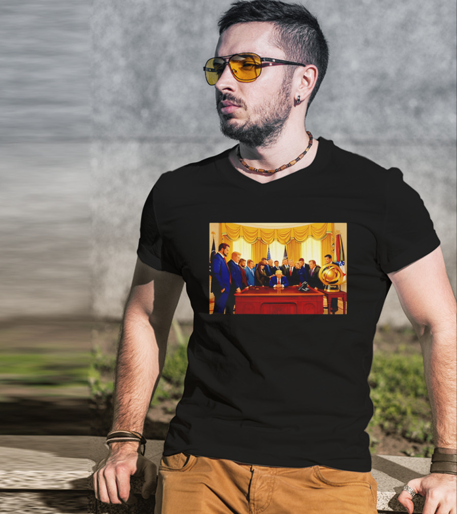 Oval Office Prayer Gathering Trump Anime Style Amid Iran Tensions T-Shirt