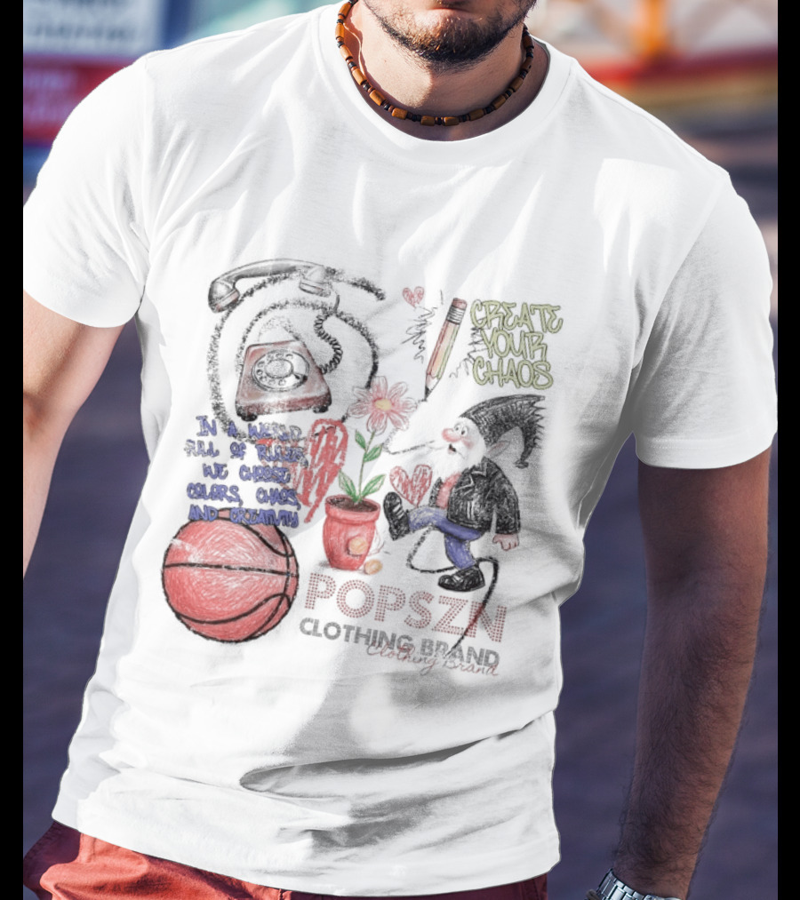 Popszn Create Your Chaos Basketball Gnome And Vintage Phone With Heart Flower T-Shirt
