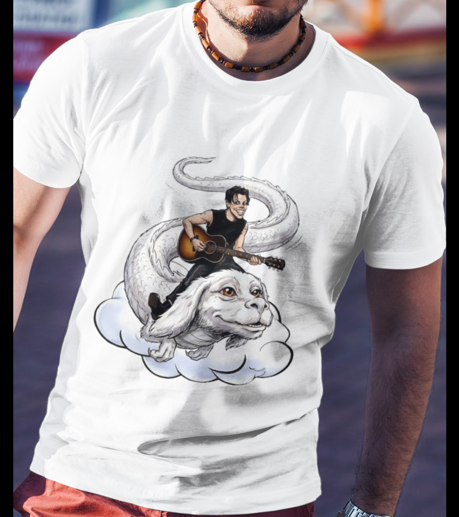 Rock God With Guitar On Falkor Flying Creature Inspired Fantasy Scene T-Shirt