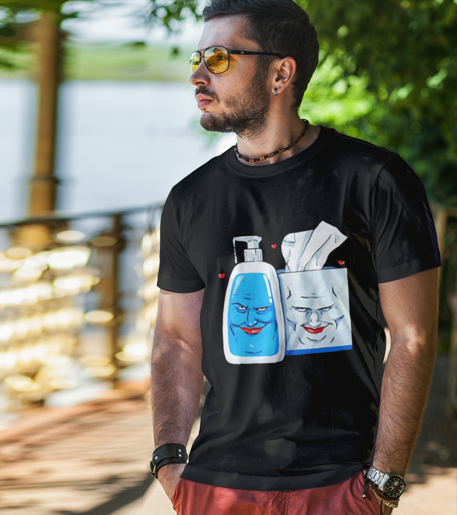 Smiling Blue Lotion Bottle And Tissue Box Meme With Red Lips And Hearts T-Shirt