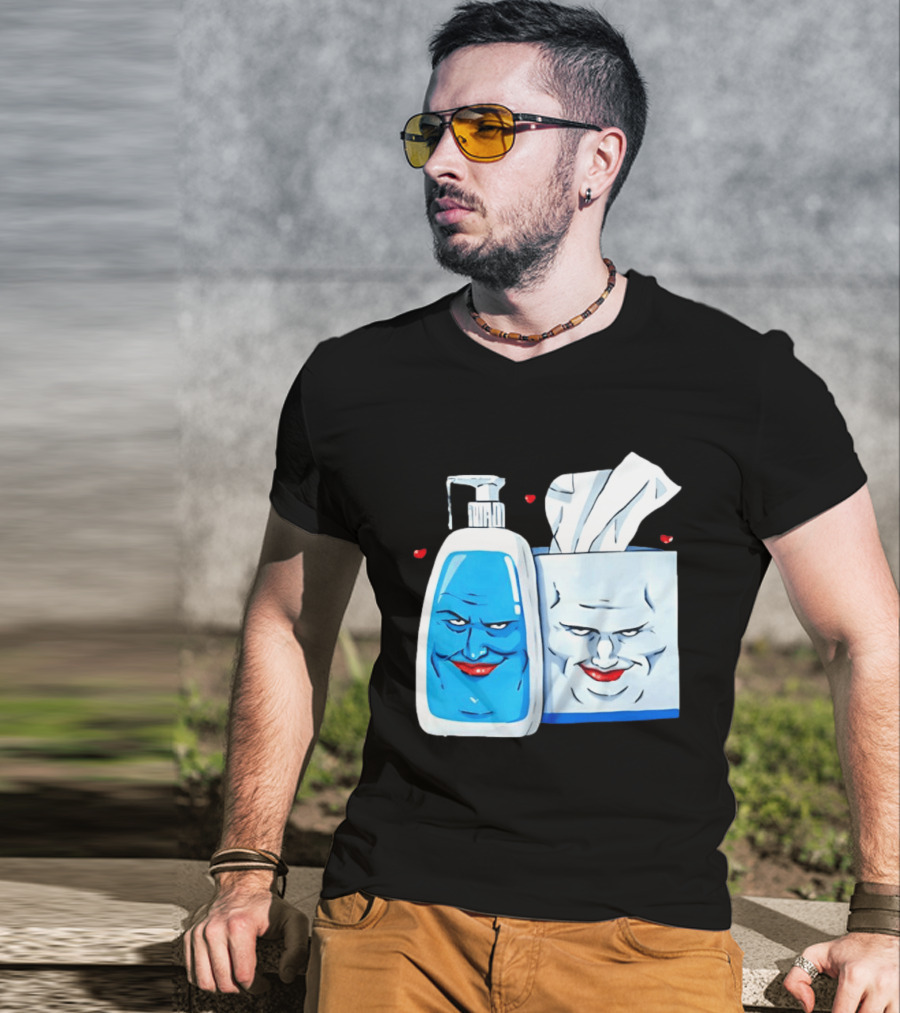 Smiling Blue Lotion Bottle And Tissue Box Meme With Red Lips And Hearts T-Shirt