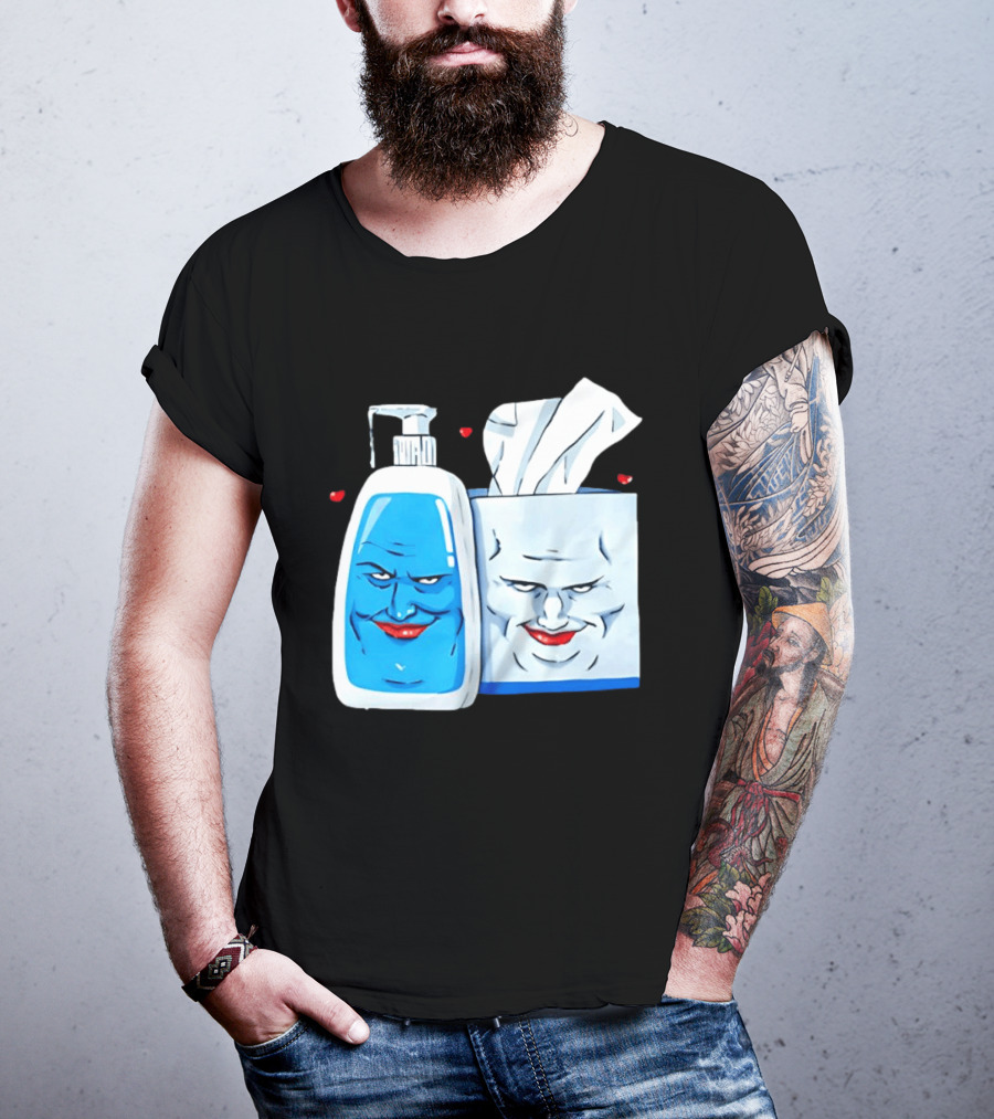 Smiling Blue Lotion Bottle And Tissue Box Meme With Red Lips And Hearts T-Shirt