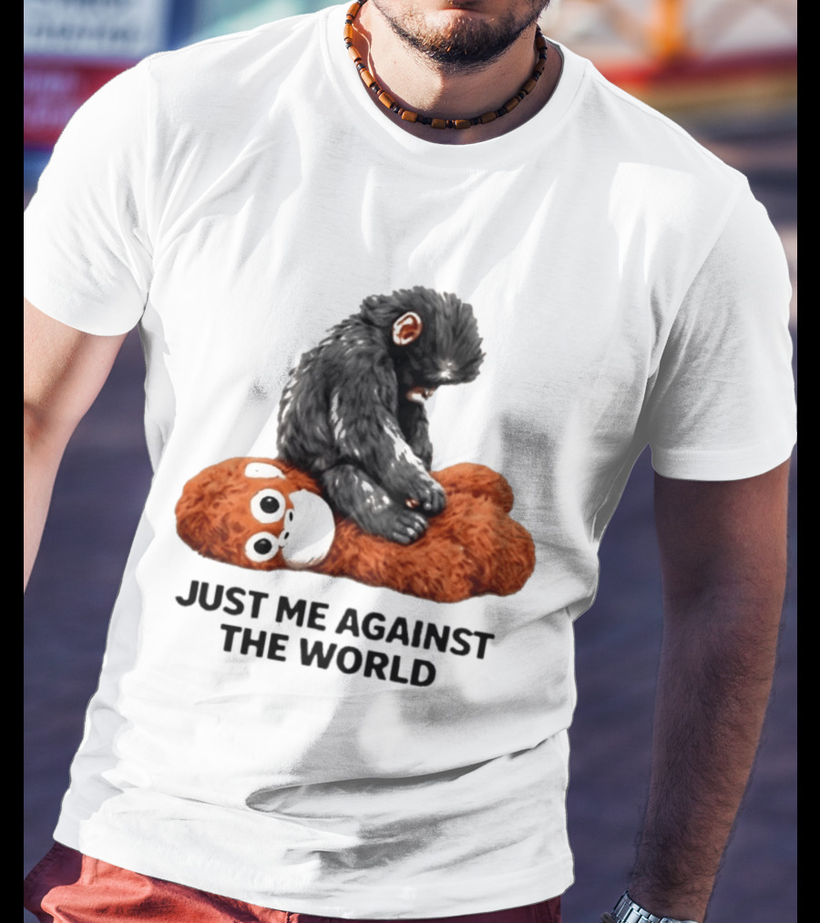 JUST ME AGAINST THE WORLD Gorilla Plush Toy Sitting On Panda T-Shirt