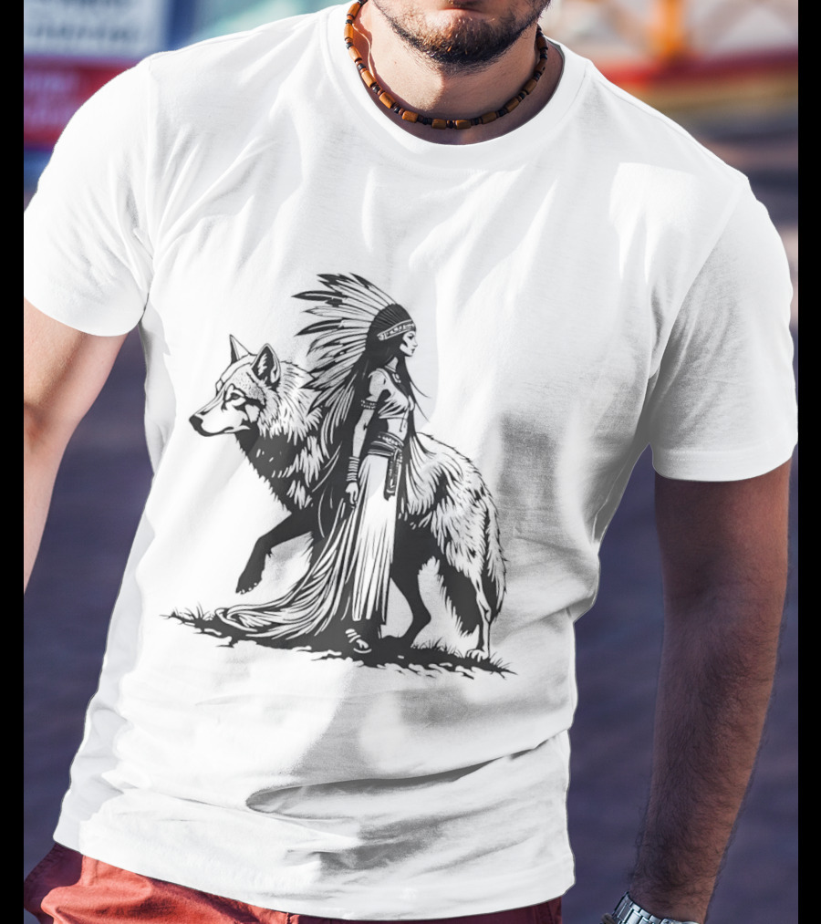 Native Woman And Wolf Connection Tribal Spirit Headdress T-Shirt