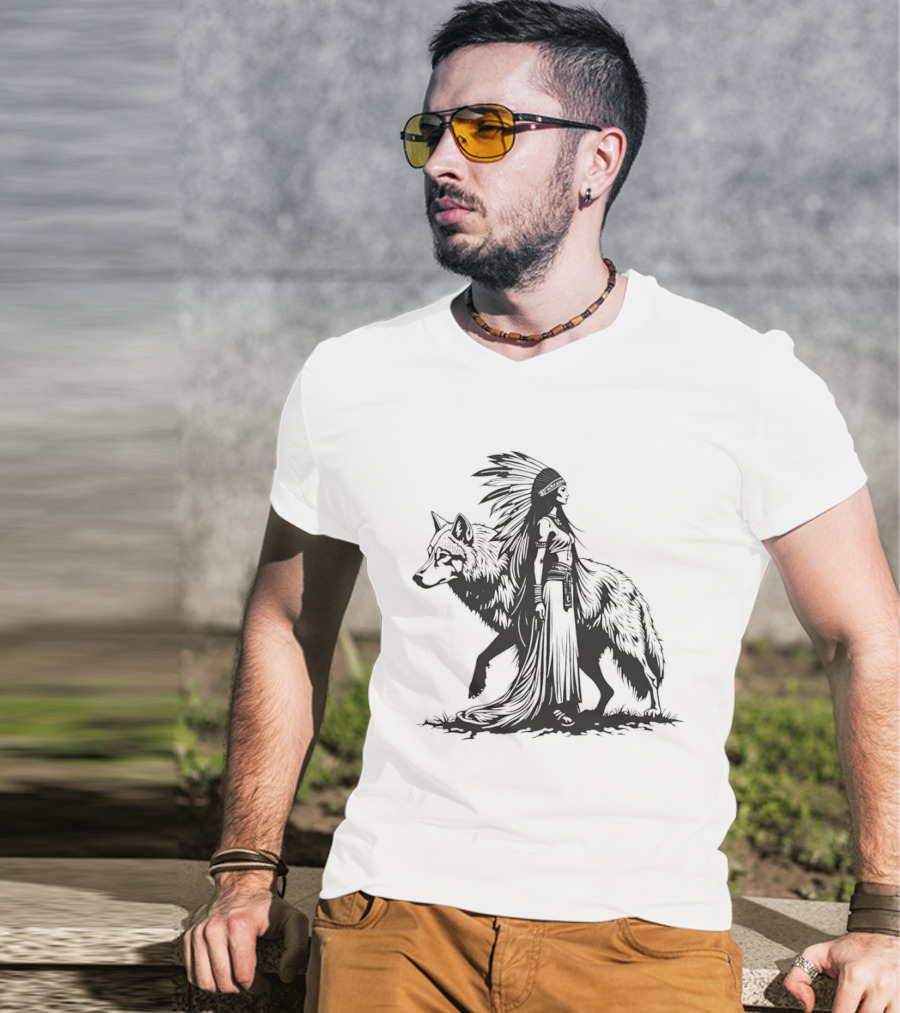 Native Woman And Wolf Connection Tribal Spirit Headdress T-Shirt
