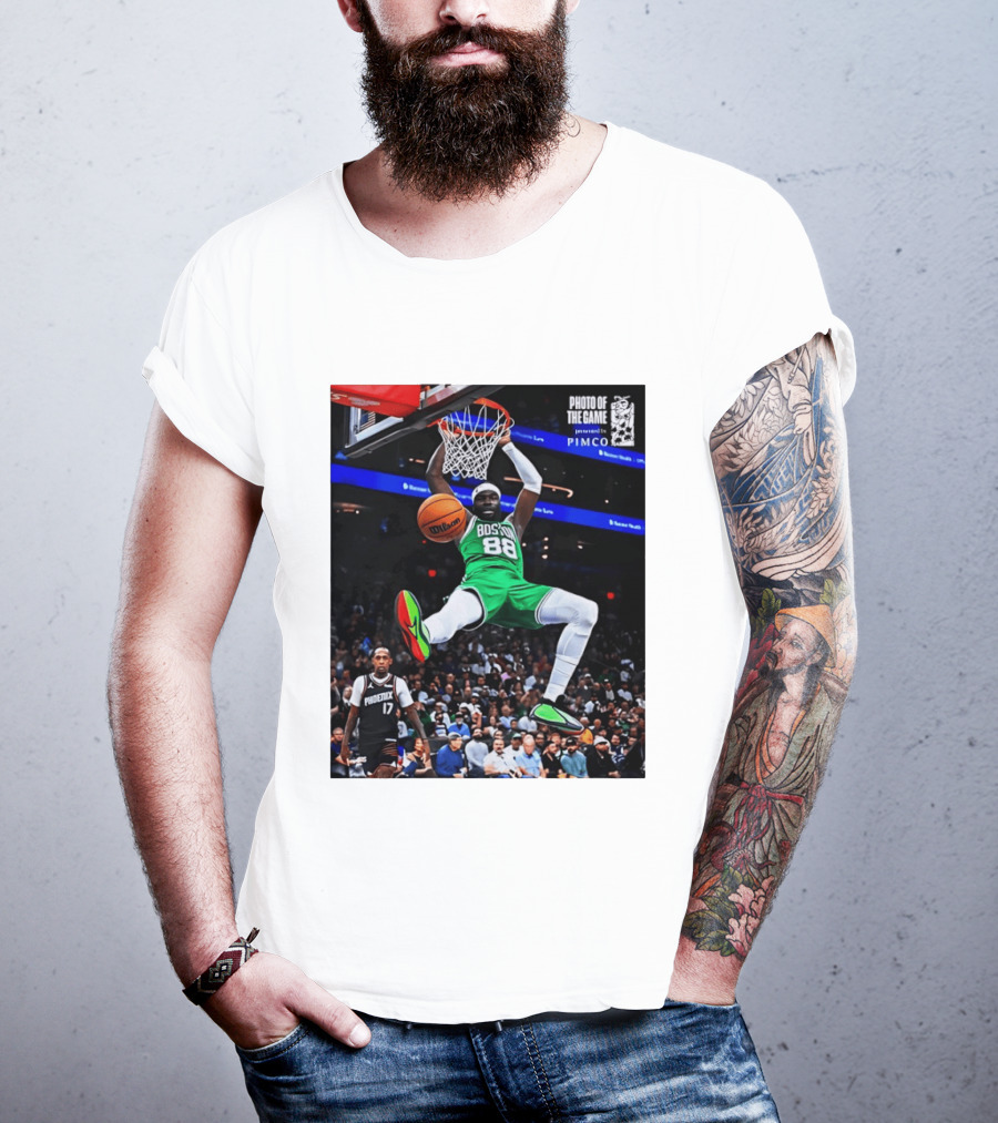 Neemias Queta Boston Celtics Dunk Action Photo With PIMCO At NBA Game T-Shirt