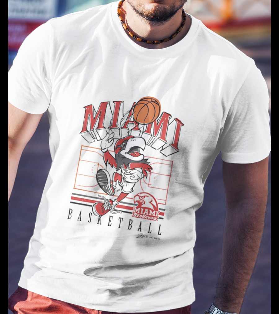 Miami RedHawks Basketball Court Happy Swoop Dunking Bird T-Shirt