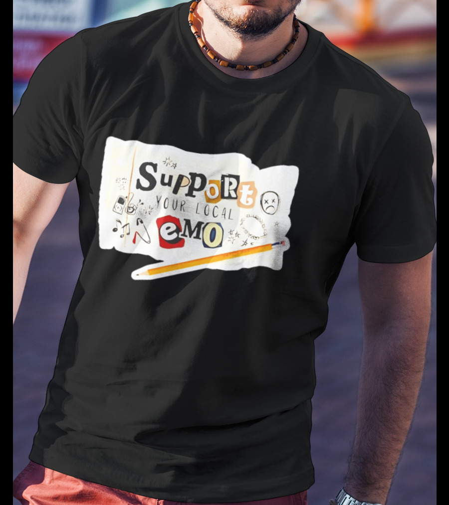 Support Your Local Emo Cutout Style With Pencil And Emojis T-Shirt