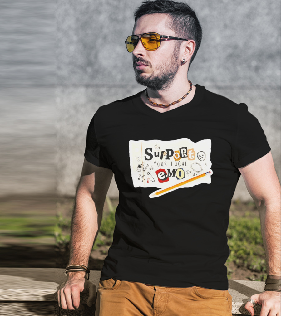 Support Your Local Emo Cutout Style With Pencil And Emojis T-Shirt