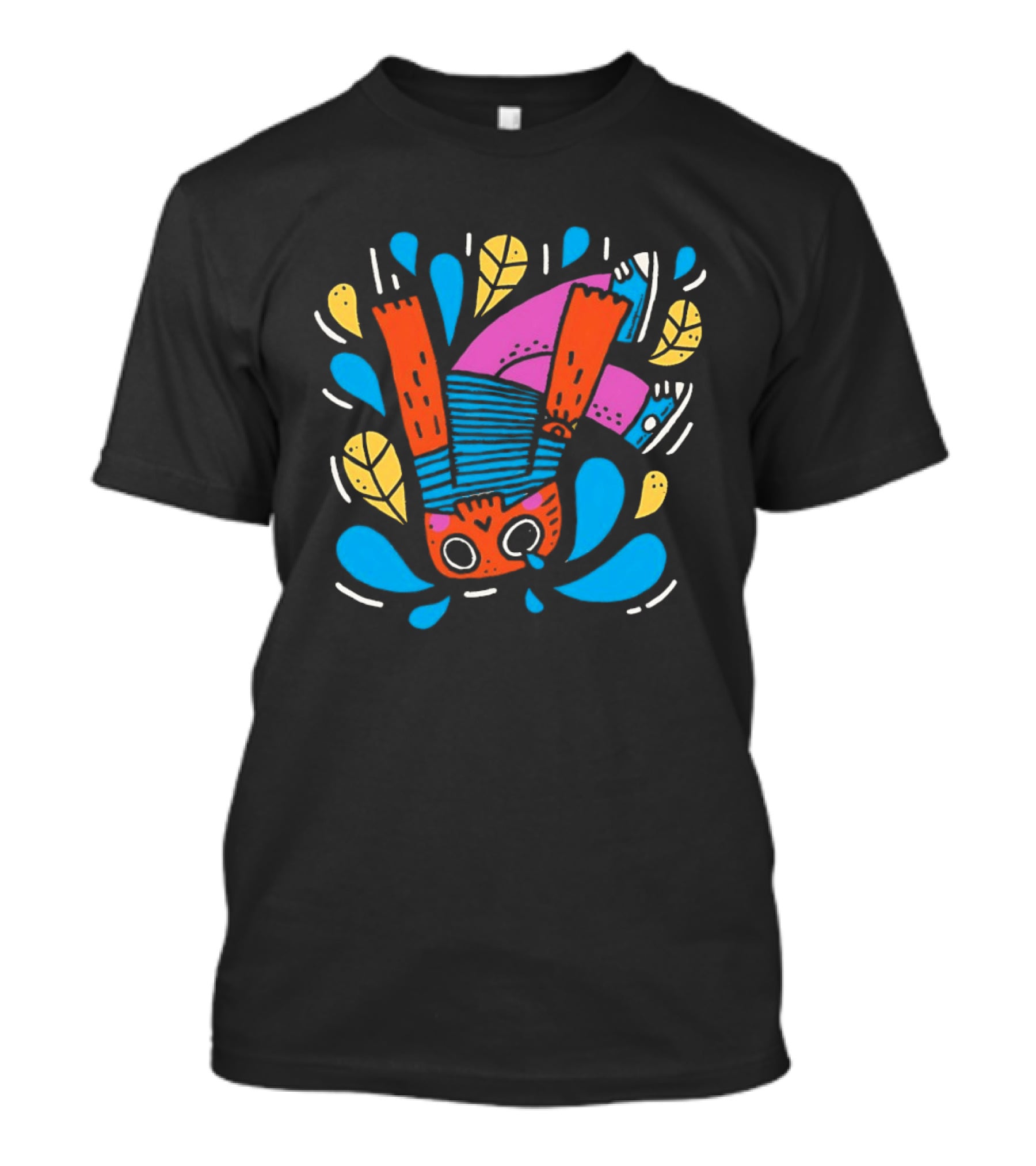 Decaida Downfall Colorful Cartoon Character Upside Down Splash T-Shirt
