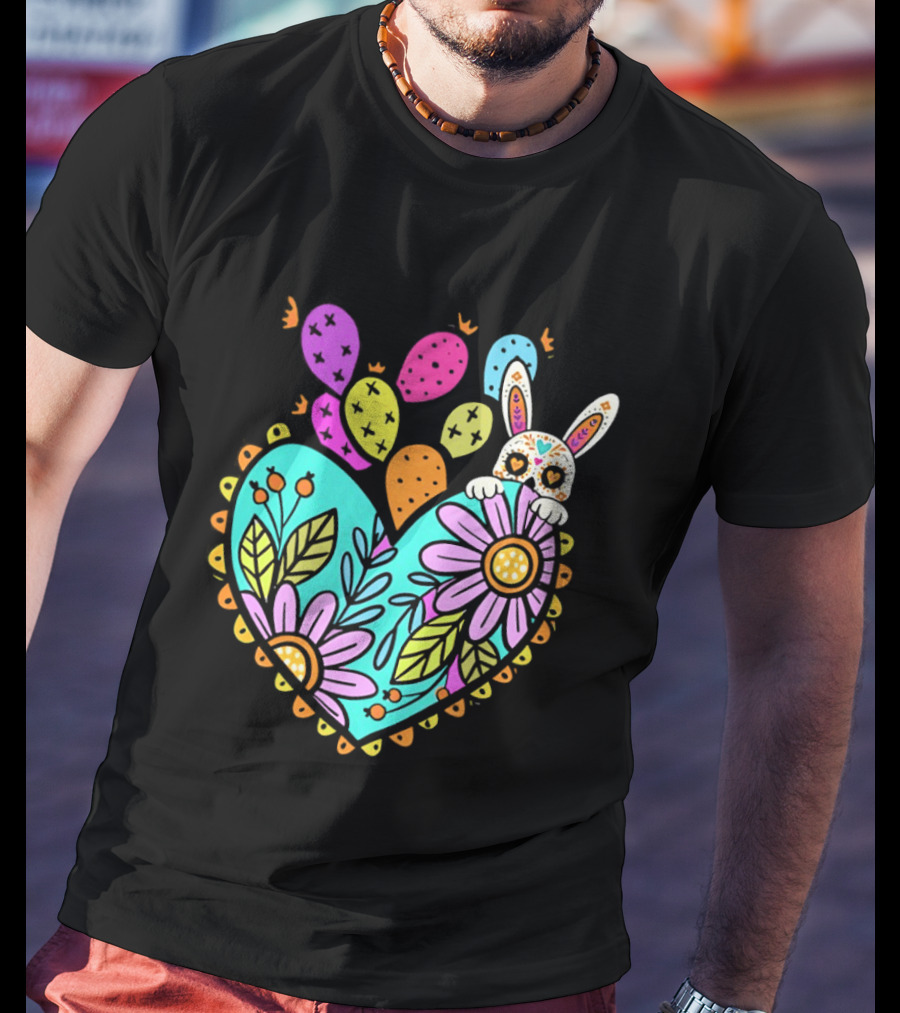 Easter Day Rabbit Holding Heart Sagrado Corazon Floral Bunny Balloons T-Shirt