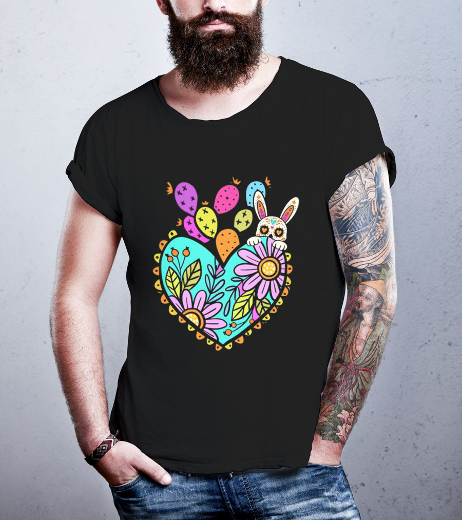 Easter Day Rabbit Holding Heart Sagrado Corazon Floral Bunny Balloons T-Shirt