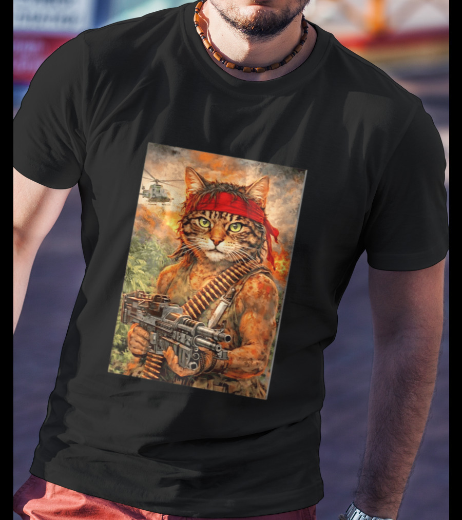 Rambo Cat With MG 3 Gun On Battlefield With Helicopter And Jungle Backdrop T-Shirt