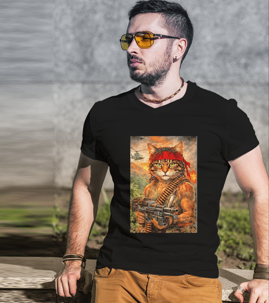 Rambo Cat With MG 3 Gun On Battlefield With Helicopter And Jungle Backdrop T-Shirt
