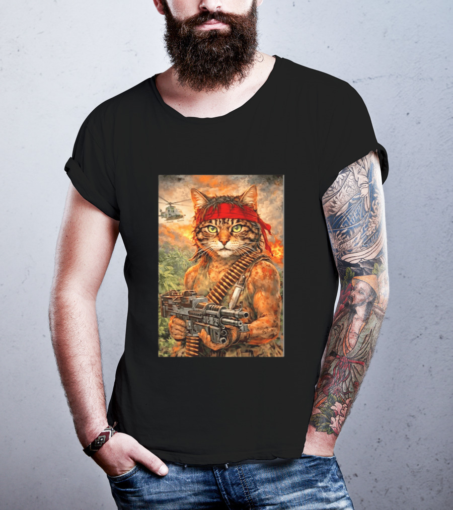 Rambo Cat With MG 3 Gun On Battlefield With Helicopter And Jungle Backdrop T-Shirt