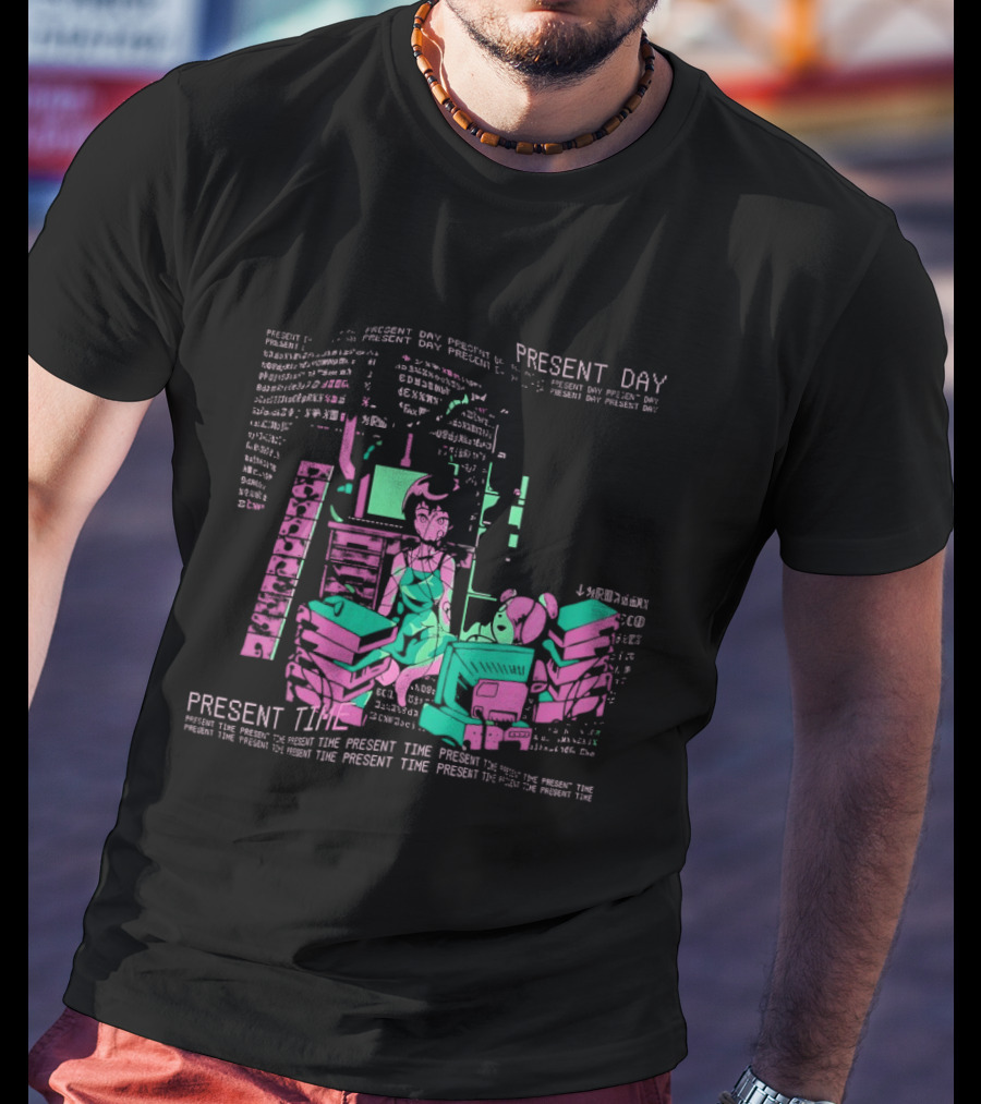 Connect To The Wired Present Day Present Time Retro Tech Aesthetic Stack Of Devices T-Shirt
